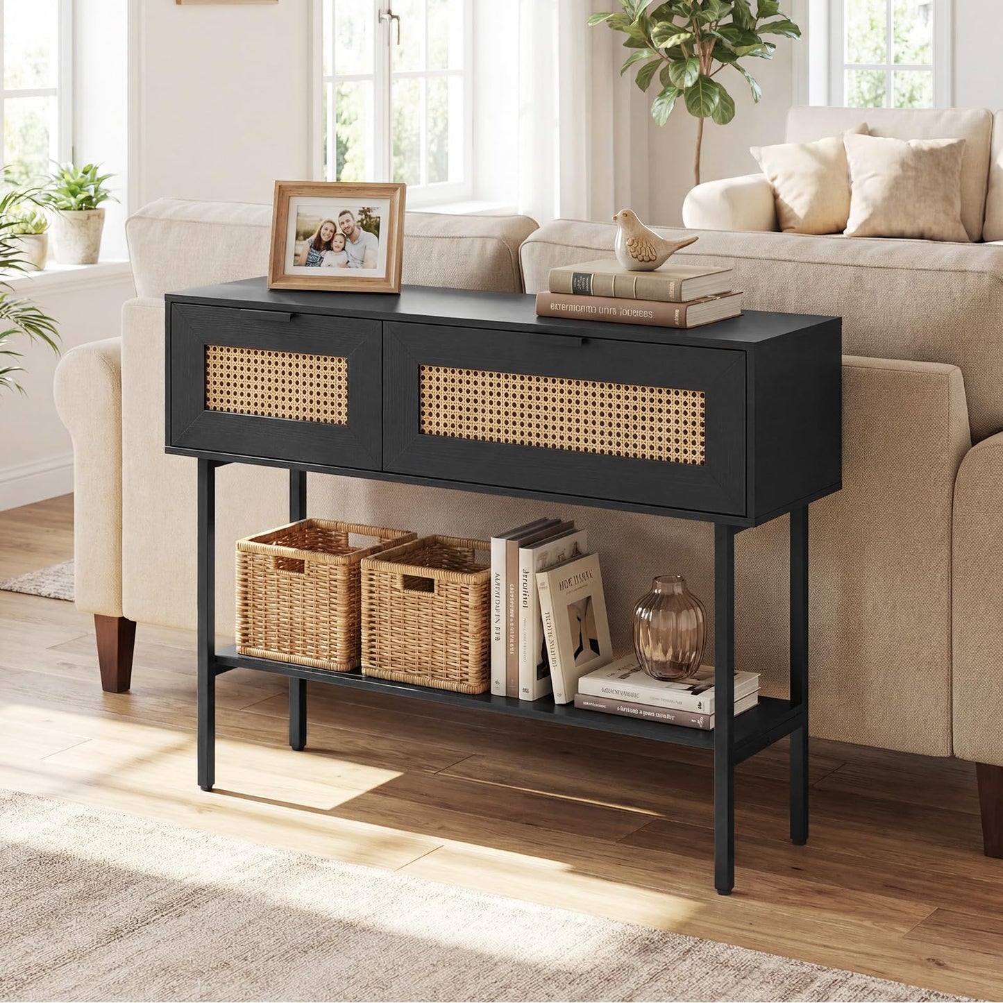 Rattan Console Table Boho Entryway Table with Flip Doors