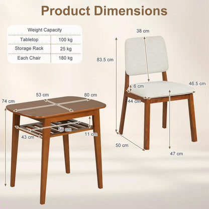 3-Piece Dining Table Set with Solid Wood Frame & Seat