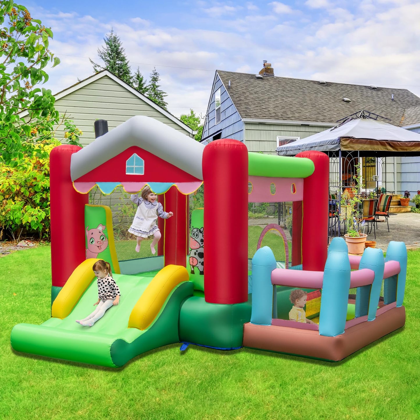 4-in-1 Farm Themed Inflatable Bounce House with 480W Blower