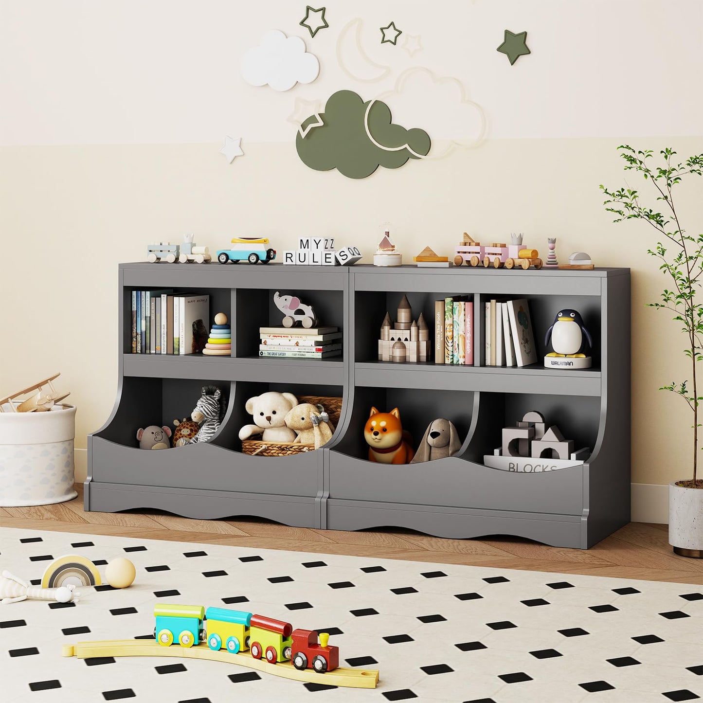 Kids Bookcase, Wooden Toy Storage Unit with Shelves and Compartments