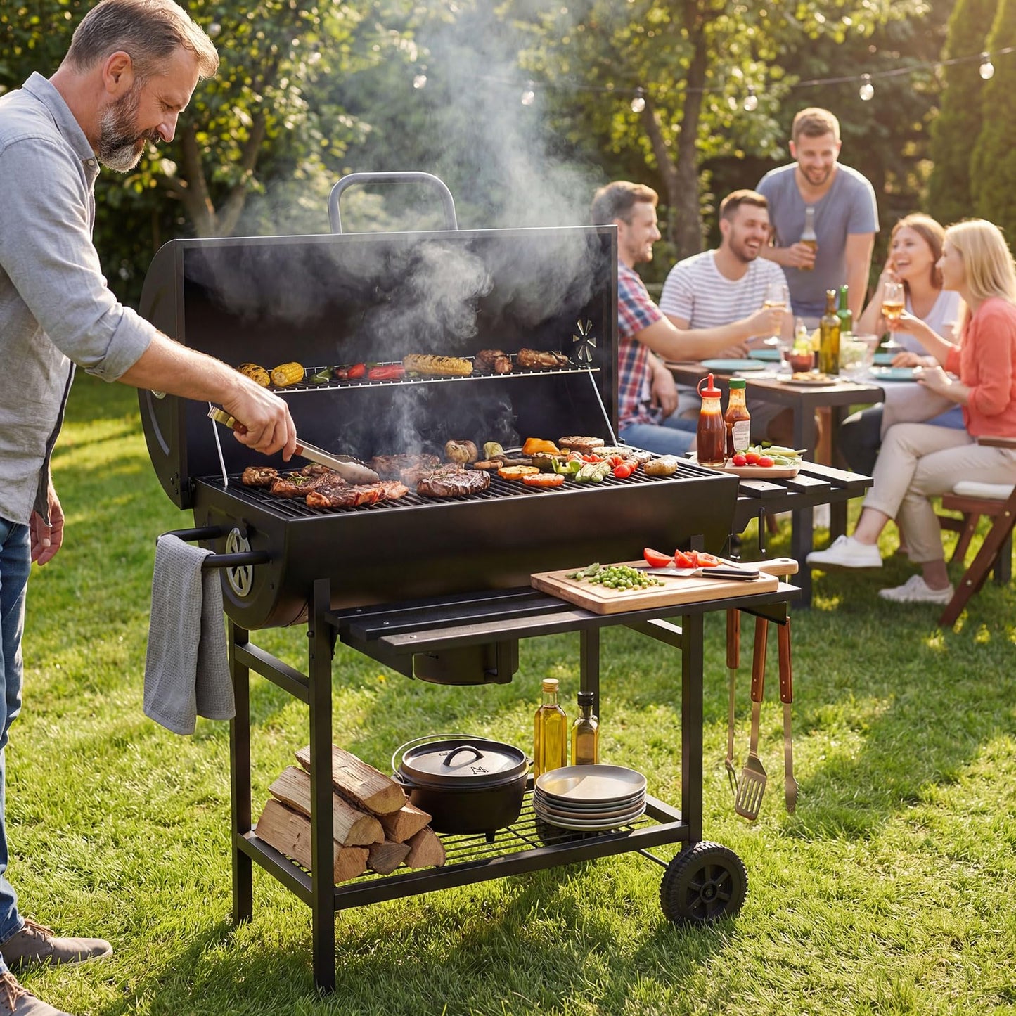 Charcoal BBQ Grill, Garden Barbecue Trolley with Wheels