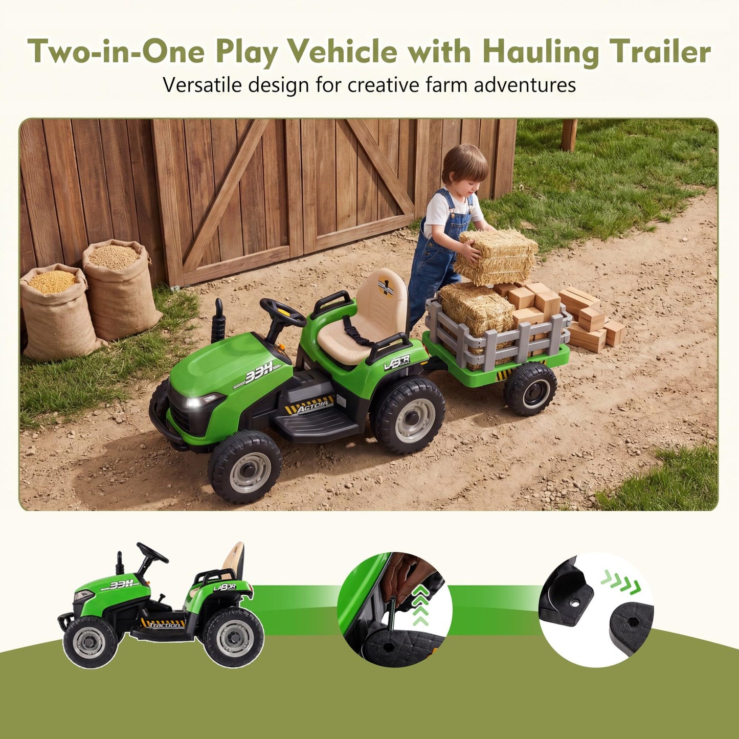 24V Ride on Tractor with Tiltable and Detachable Trailer Battery Powered Electric Tractor