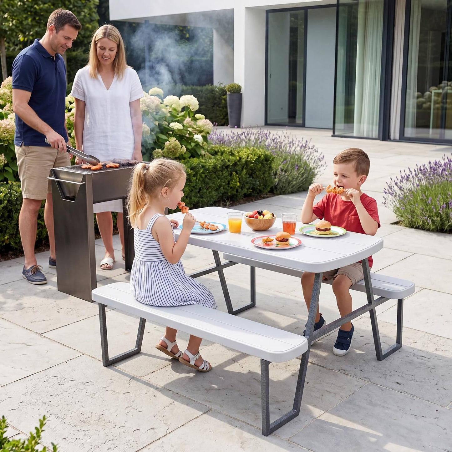 Camping Table and Chairs with Umbrella Hole and Metal Frame for Boys Girls Ages 3-8