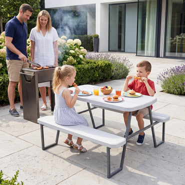 Camping Table and Chairs with Umbrella Hole and Metal Frame for Boys Girls Ages 3-8