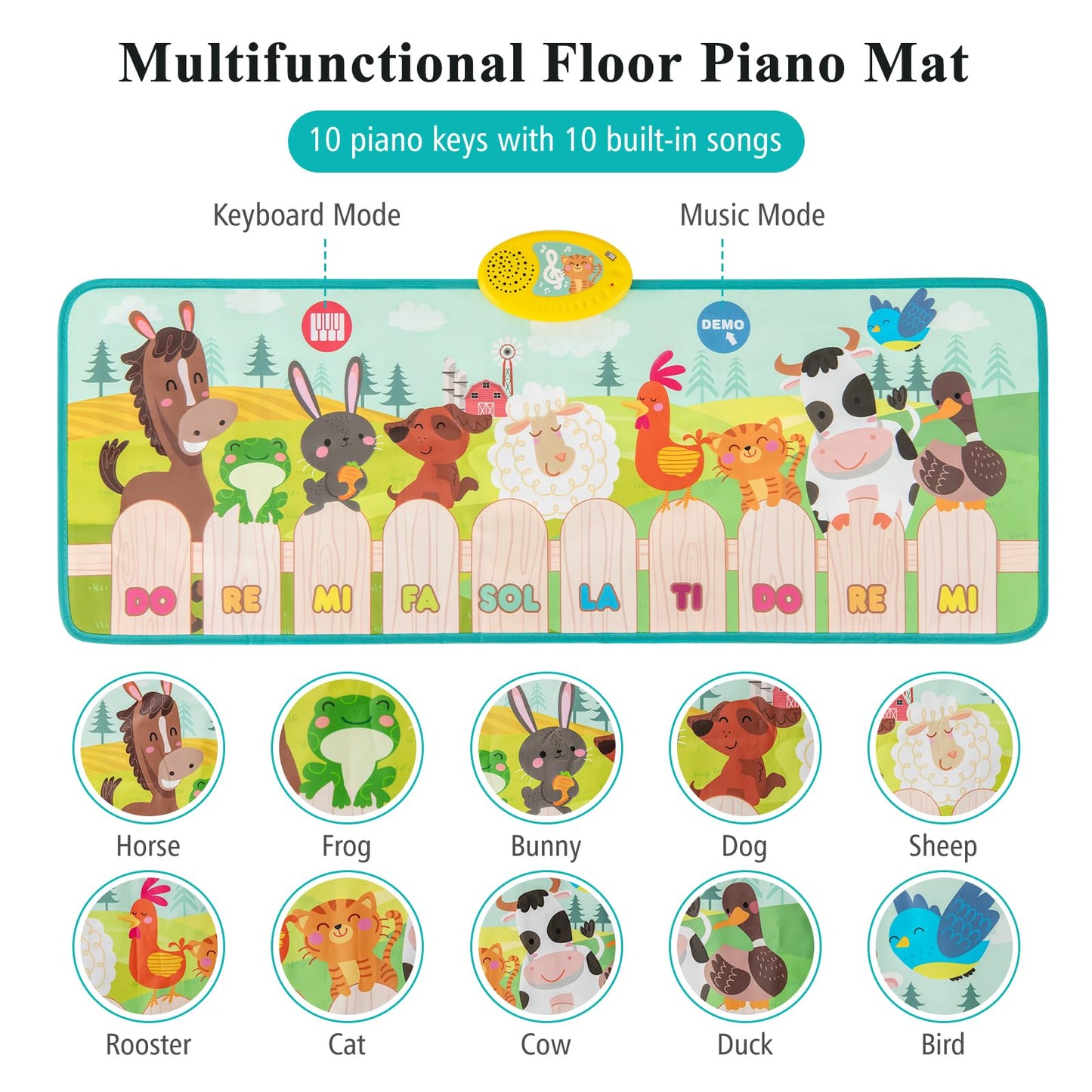 Kids Musical Animal Farm Mat with 10 Piano Keys and 10 Built-in Songs