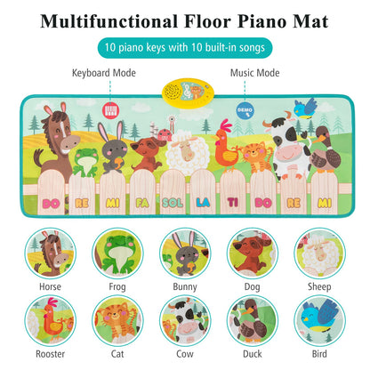 Kids Musical Animal Farm Mat with 10 Piano Keys and 10 Built-in Songs