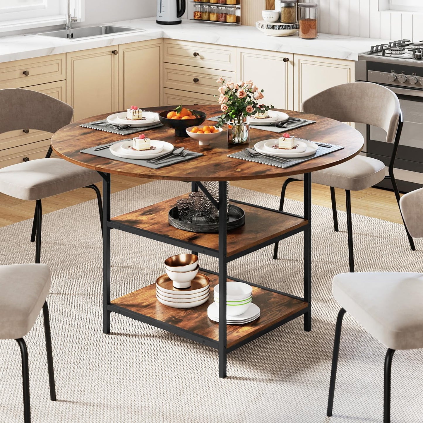 Dining Table for 4-6 People, Round Wooden Kitchen Tables with Storage Shelves