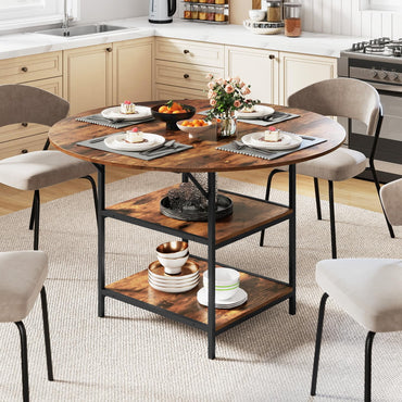 Dining Table for 4-6 People, Round Wooden Kitchen Tables with Storage Shelves