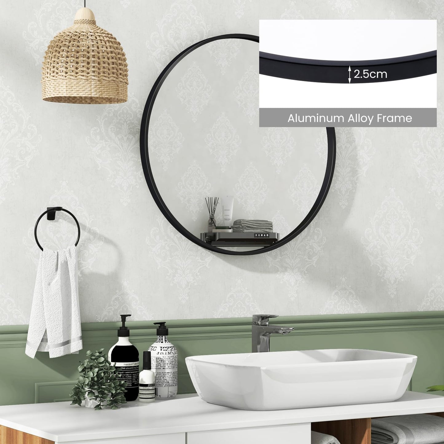 Black Round Mirror Wall Mounted Matte Metal Framed Mirror