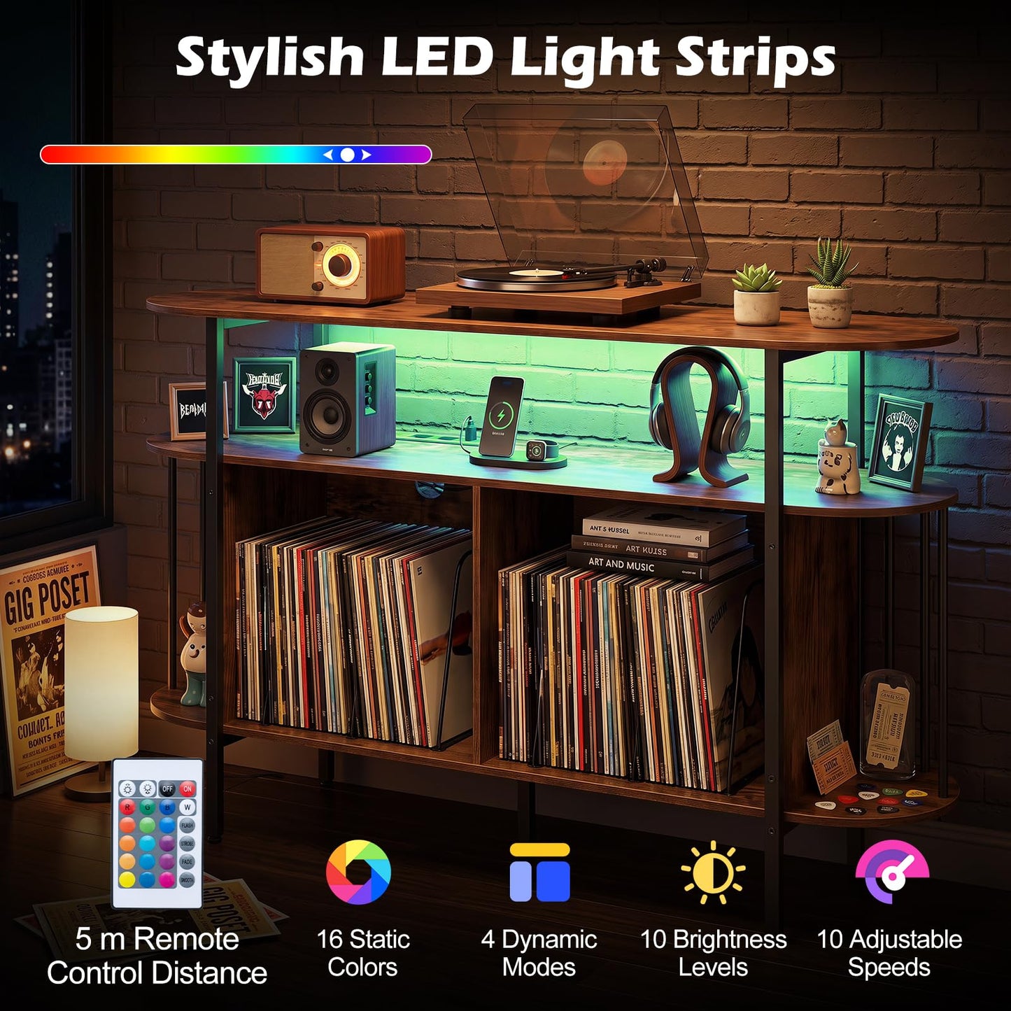 Record Player Stand with Charging Station,LED Lights