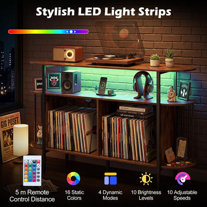 Record Player Stand with Charging Station,LED Lights