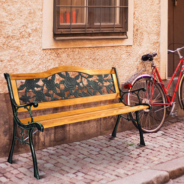 Solid Wood Slatted Seat Loveseat Park Bench Arched Back with Rose Pattern