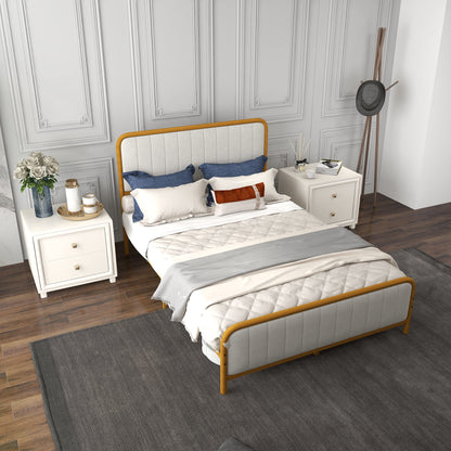 Upholstered Full Size Bed Frame, Double Metal Platform Bed with Velvet Headboard