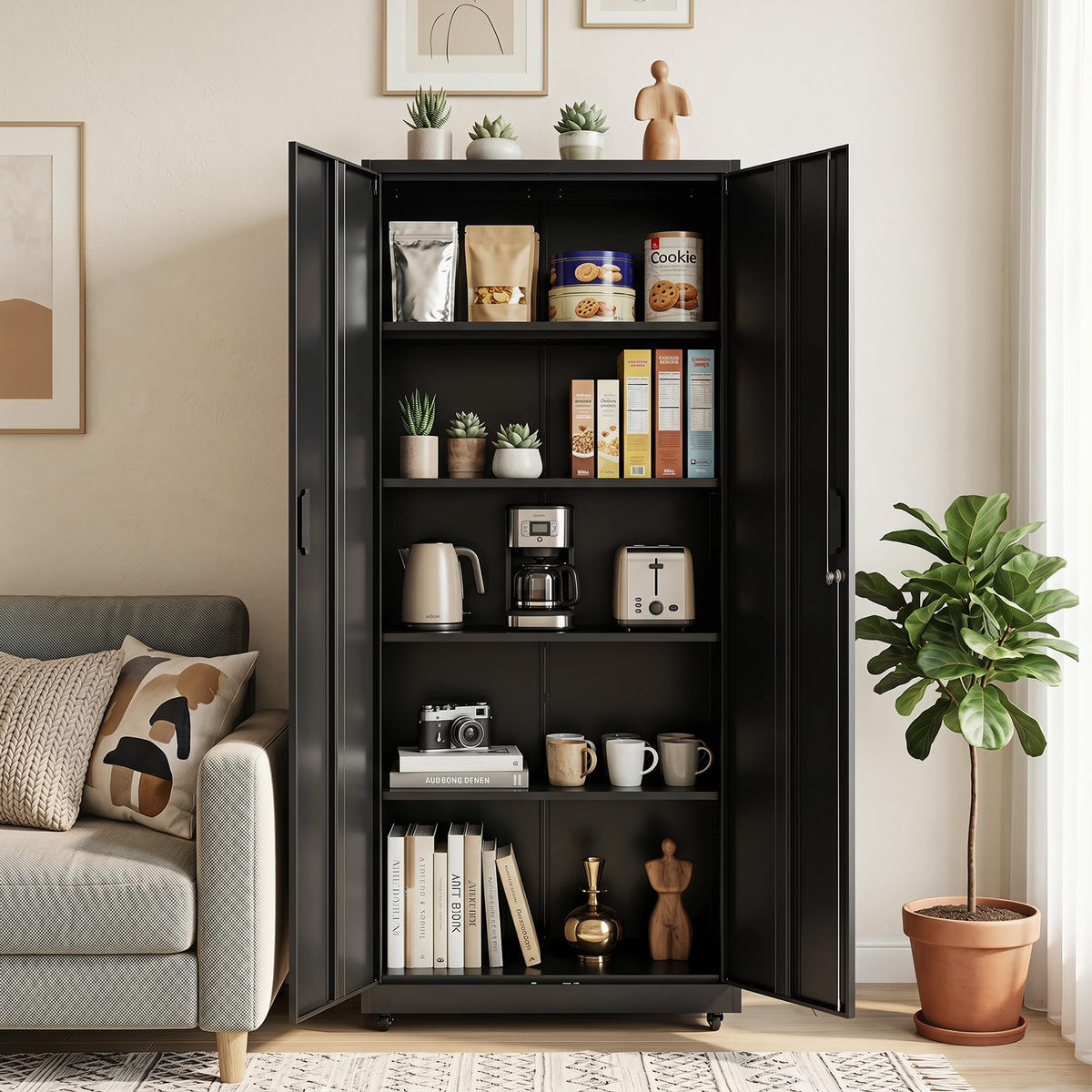 186cm Rolling File Cabinet with Adjustable Shelves and 4 Lockable Wheels for Office