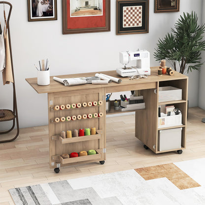 Folding Sewing Table, Rolling Craft Table Hobby Desk with Storage Shelves