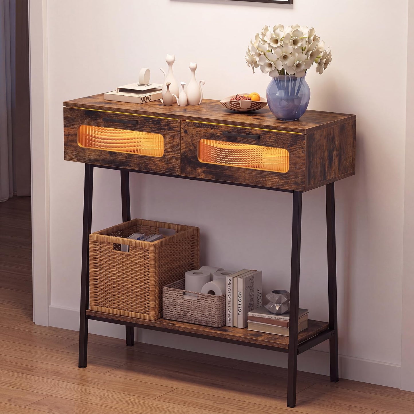 2-Tier Farmhouse Console Table with Colorful LED Lights and Open Shelf
