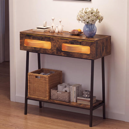 2-Tier Farmhouse Console Table with Colorful LED Lights and Open Shelf