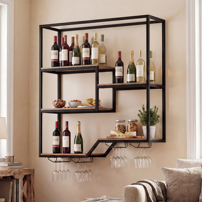 Wall Mounted Wine Rack, 5-Tier Hanging Bar Shelves with 4 Wine Glass Holders