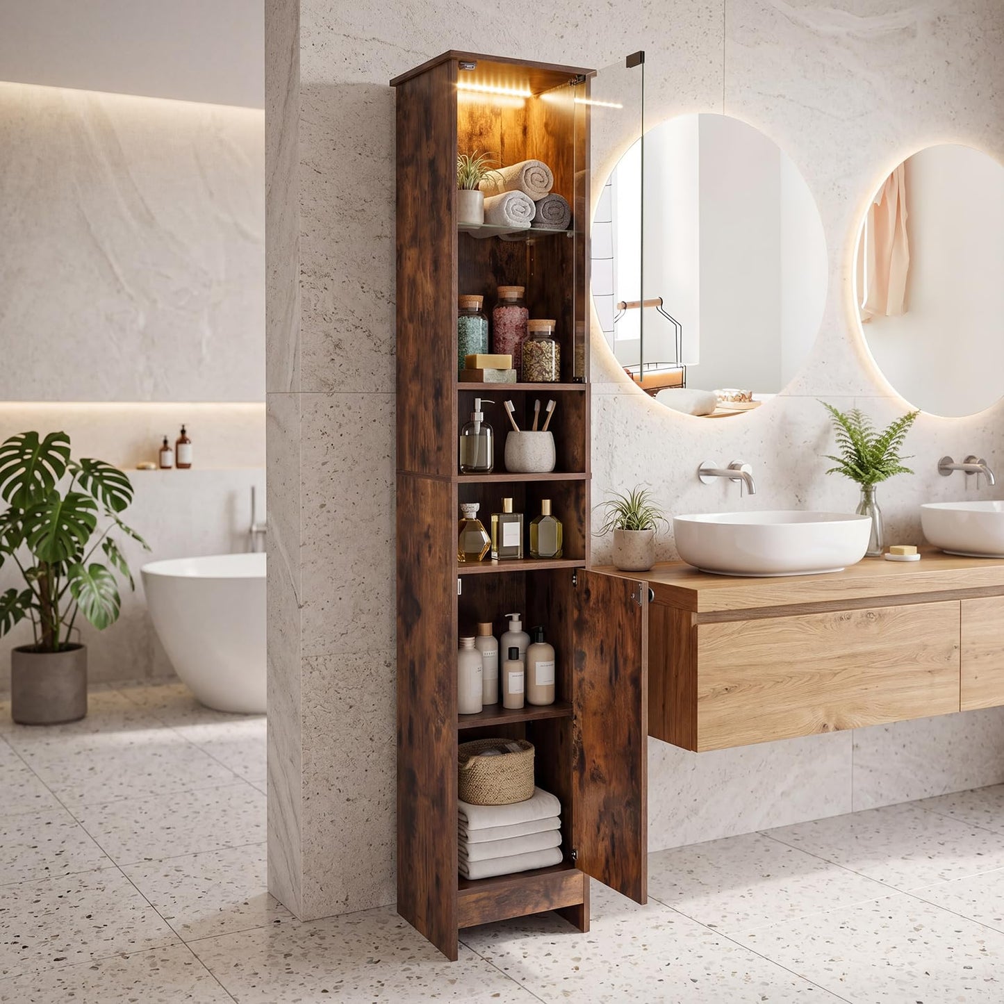 Tall Bathroom Cabinet with Lights Remote Control Open Shelves and Adjustable Shelves