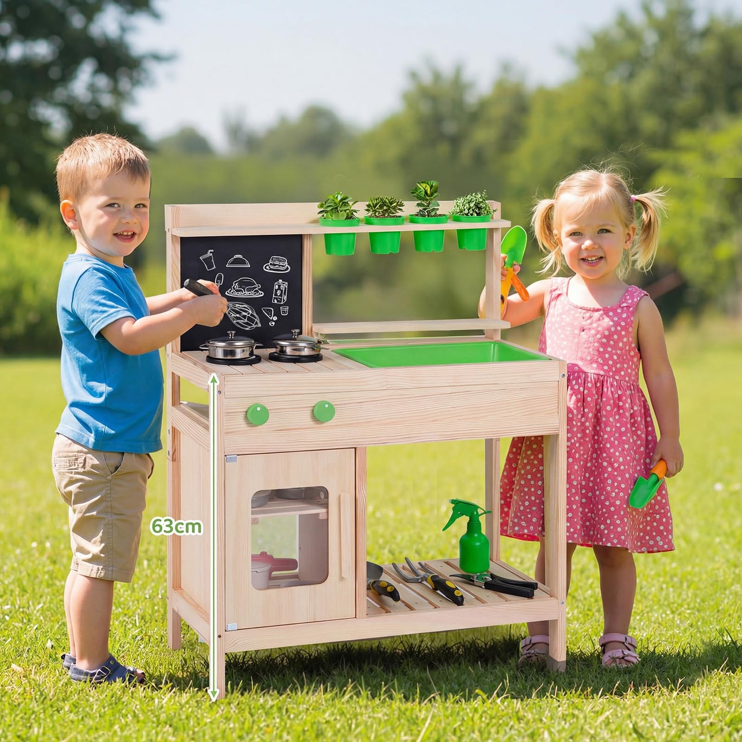 Kids Mud Kitchen Play Pretend Kitchen with Chalkboard Rotation Knobs and Cabinet