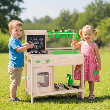 Kids Mud Kitchen Play Pretend Kitchen with Chalkboard Rotation Knobs and Cabinet