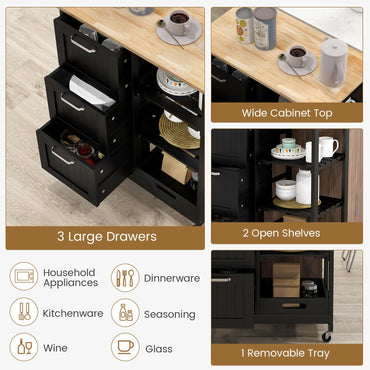 Kitchen Island Rolling Cart Utility Cart on Lockable Wheels with 3 Drawers
