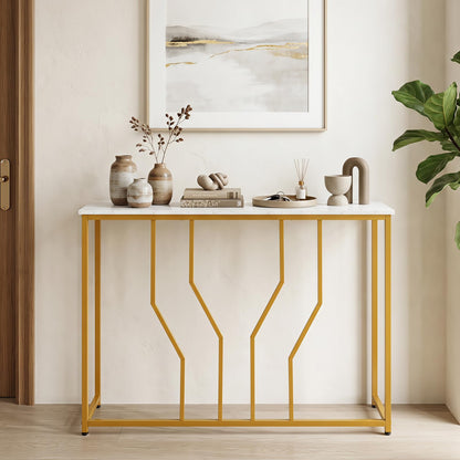 110 cm Gold Console Table Entryway Table with Faux Marble Tabletop