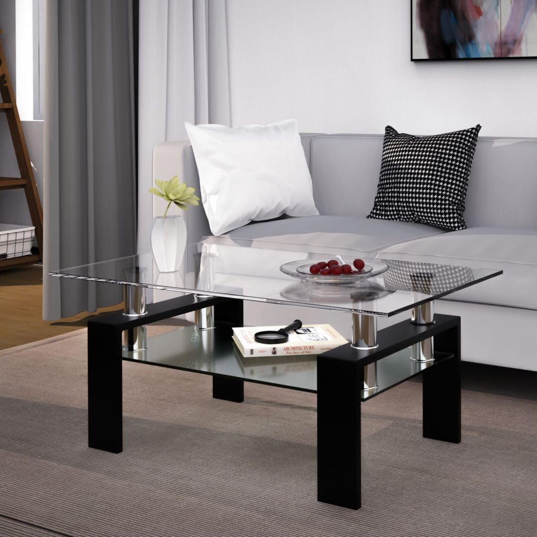 2-Tier Coffee Table, Tempered Glass Rectangle Sofa Side Table