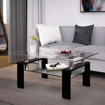 2-Tier Coffee Table, Tempered Glass Rectangle Sofa Side Table