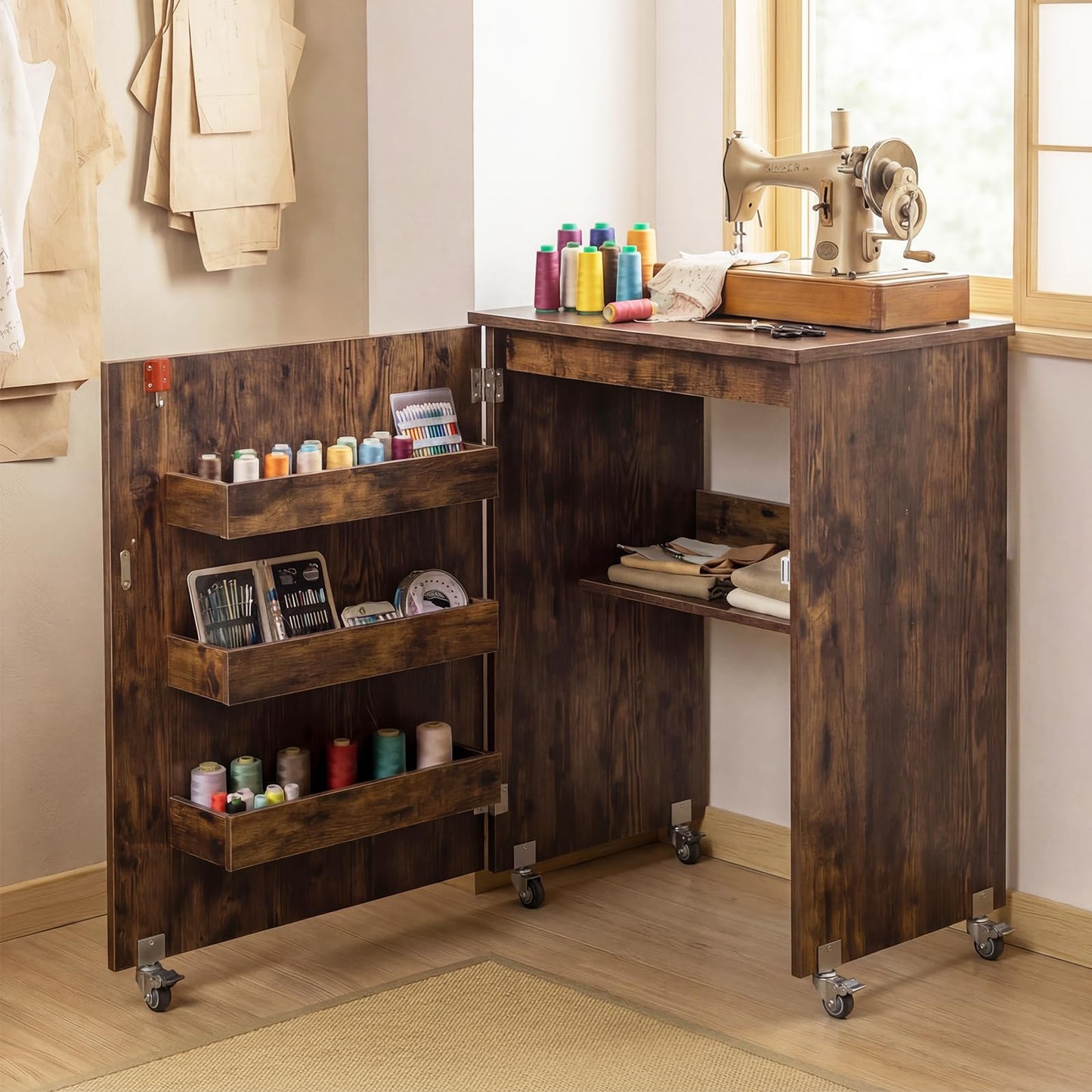 Folding Sewing Table with Storage Shelf and 3 Hidden Bins for Home