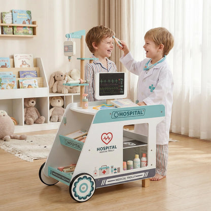 Wooden Doctor Playset, Kids Role Play Medical Station Cart