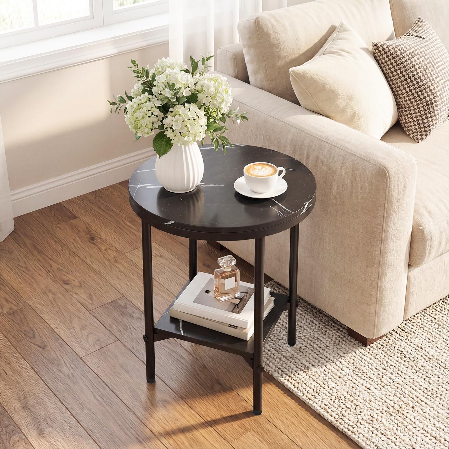 Round Side Table, 2-Tier Faux Marble Nightstand Sofa End Table