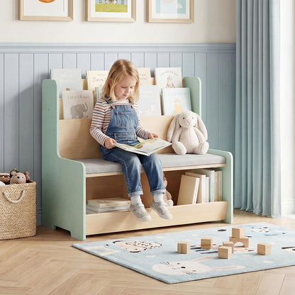 Kids Reading Nook with Bench Toddler Toy Storage Organizer with Bookshelf and 2 Cubbies