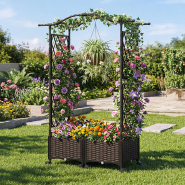 Garden Planter with Trellis & Roof, Self-Watering Raised Garden bed on Lockable Wheels