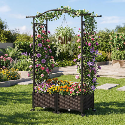 Garden Planter with Trellis & Roof, Self-Watering Raised Garden bed on Lockable Wheels
