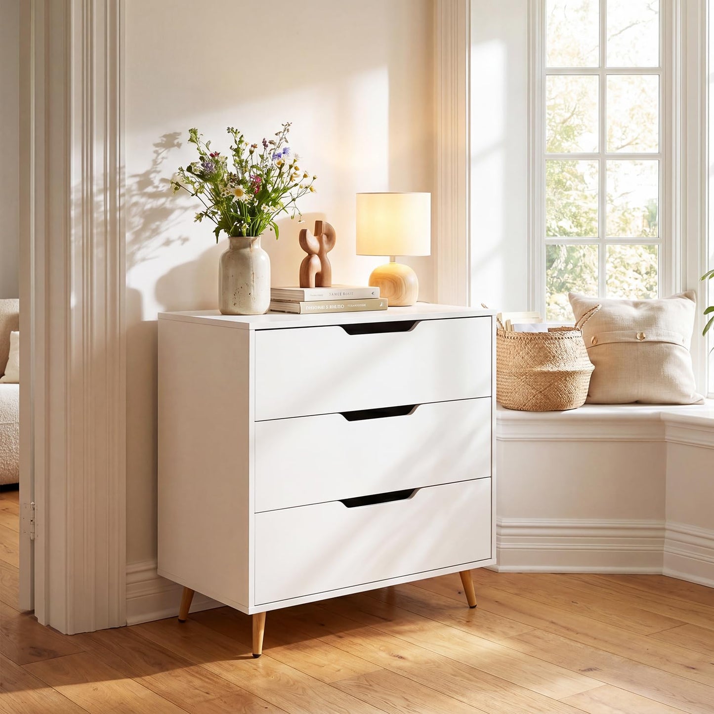 Wooden Nightstand with Anti Tipping Kits and Tall Storage for Living Room