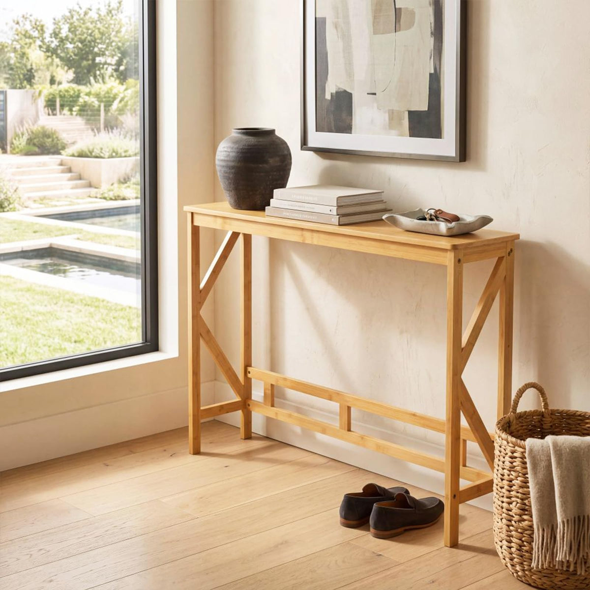Bamboo Console Table, Narrow Freestanding Entryway Table
