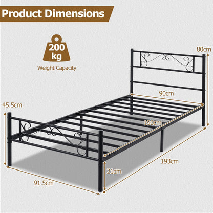 3ft Single Bed Frame, Metal Platform Bed Base with Floral Headboard