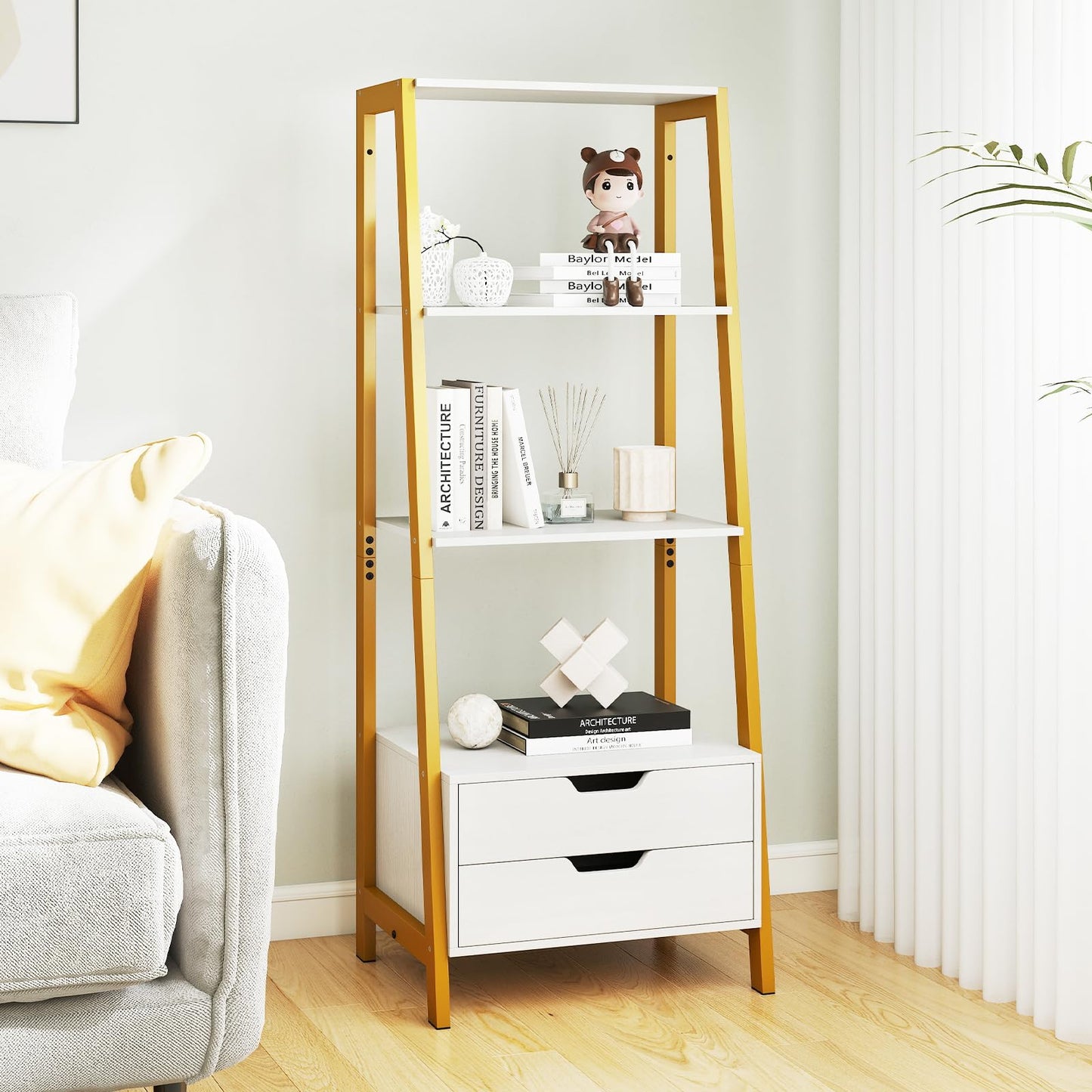 Ladder Bookshelf with Storage with 4 Open Shelves and 2 Drawers