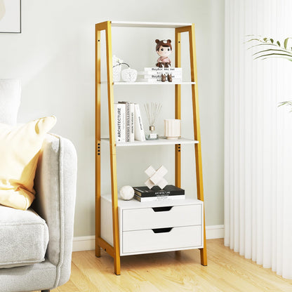Ladder Bookshelf with Storage with 4 Open Shelves and 2 Drawers