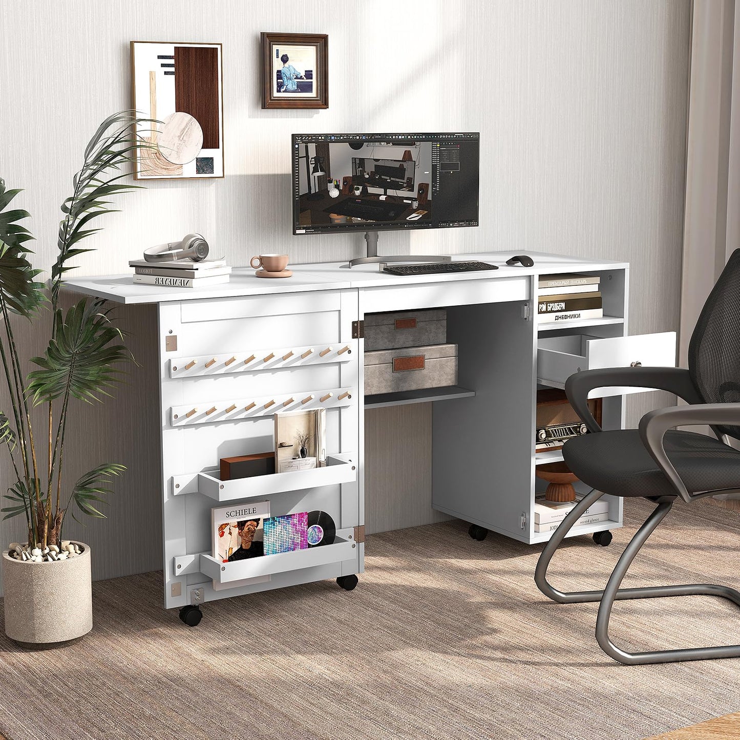 Folding Sewing Table with Storage Shelves and Trays