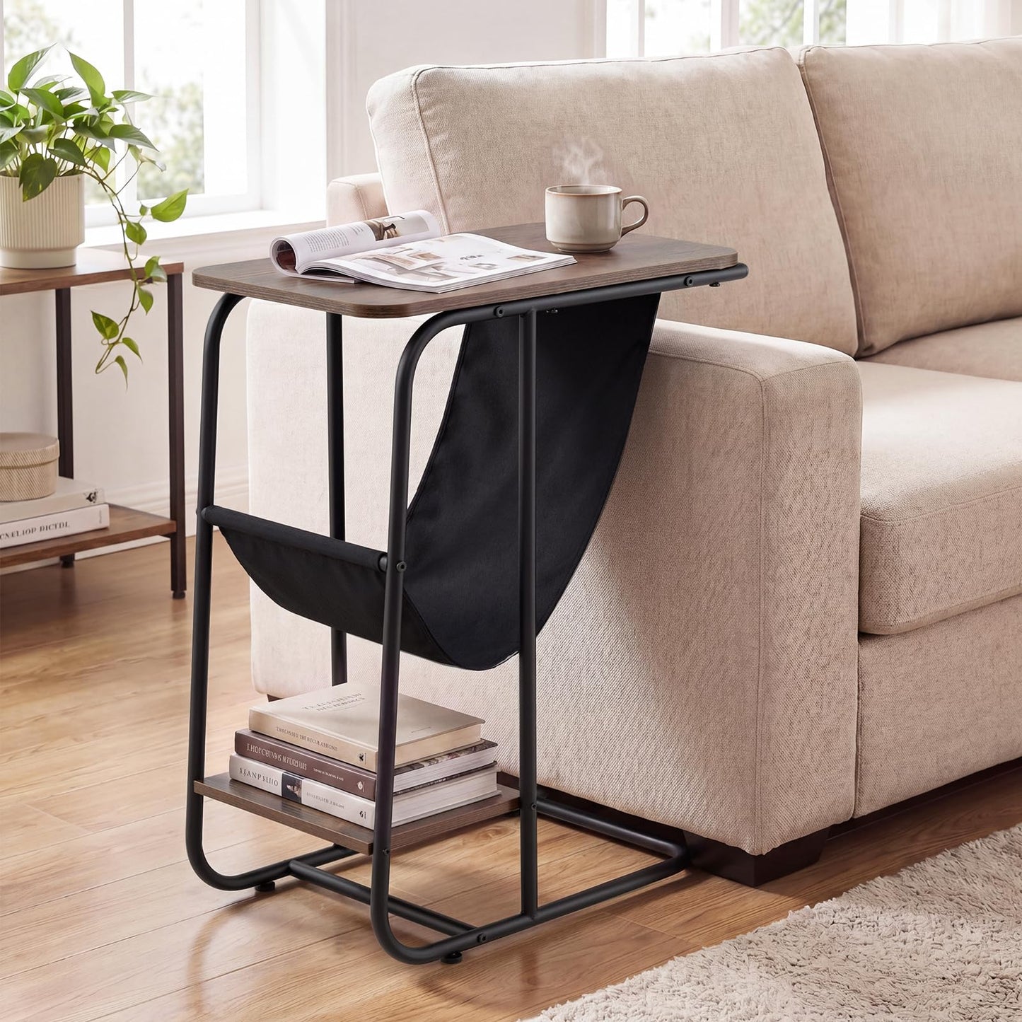 C-Shaped Side Table, Industrial Sofa End Table with Magazine Holder