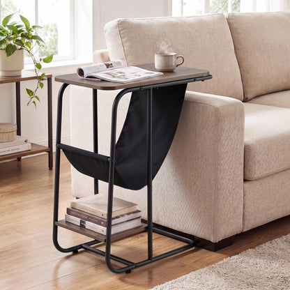 C-Shaped Side Table, Industrial Sofa End Table with Magazine Holder