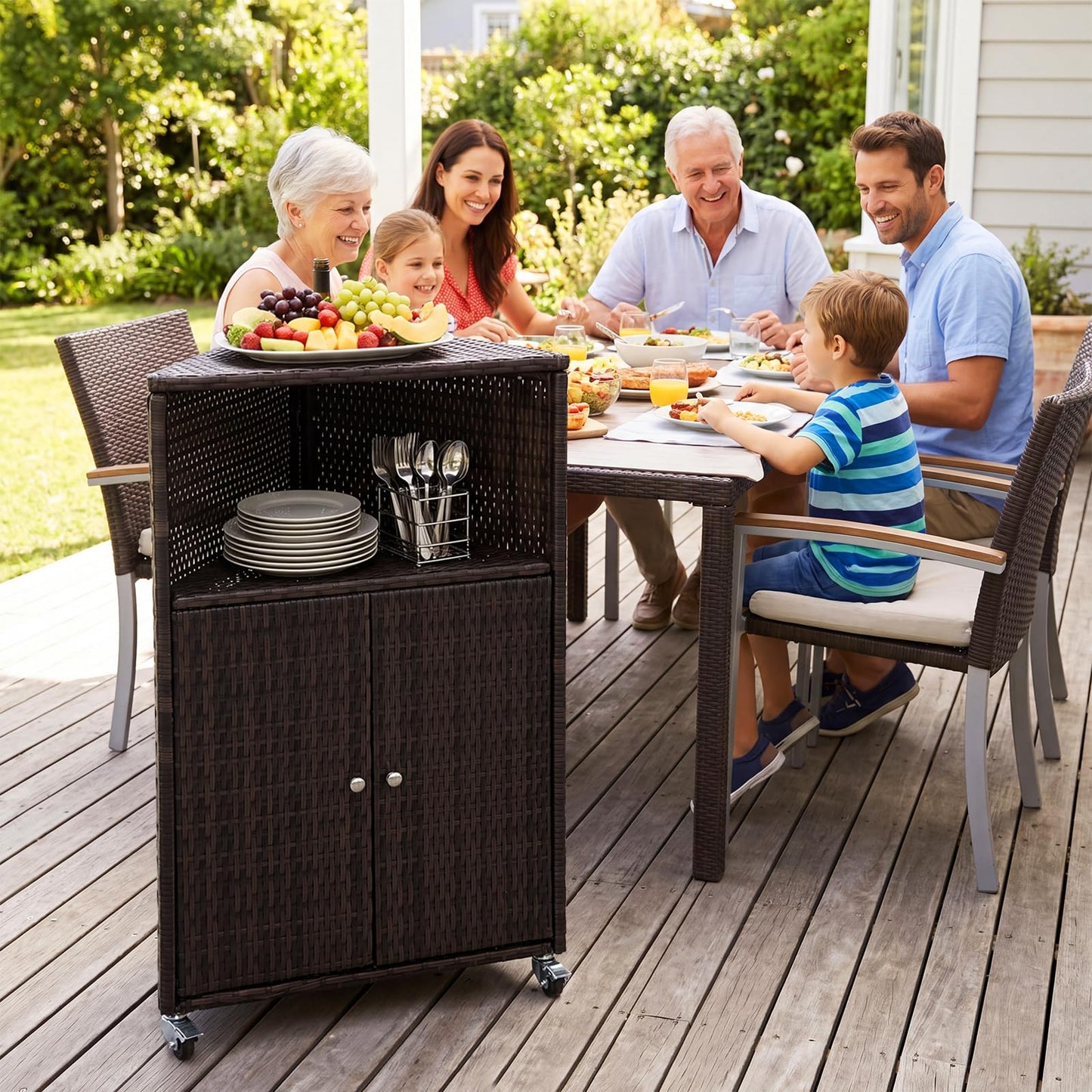 Outdoor Storage Cabinet, PE Rattan Corner Bar Cart with Shelves