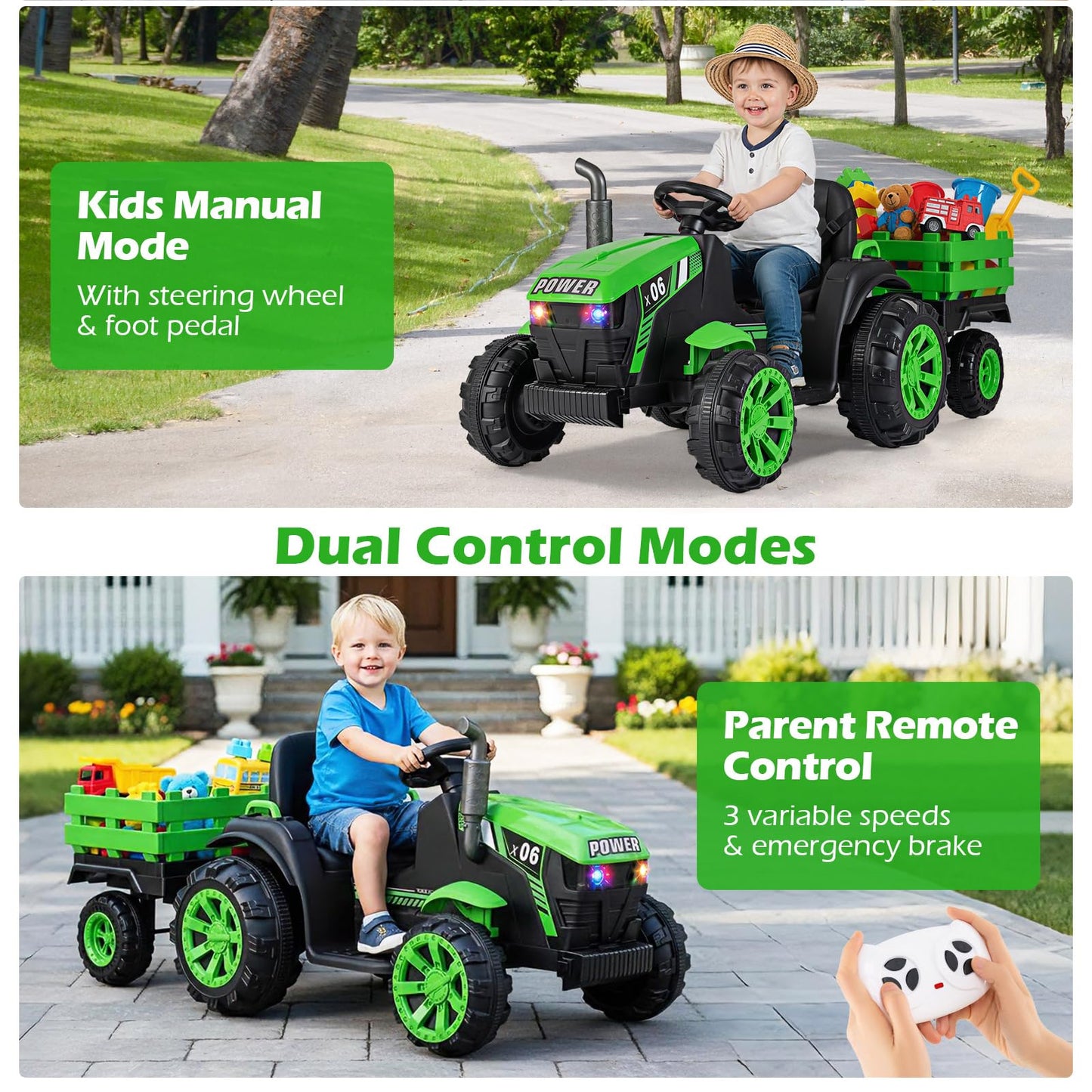 24V Ride On Tractor with RGB LED Headlights and Parent Remote Control
