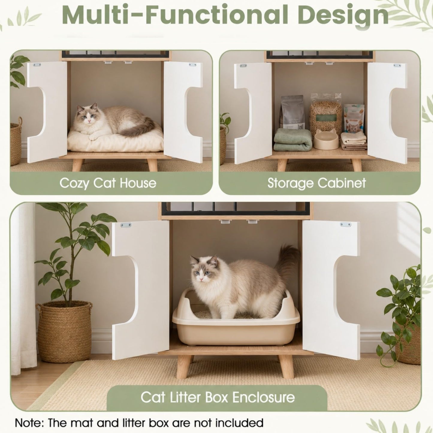 3 in 1 Cat Litter Box Enclosure, Wooden Hidden Washroom Toilet