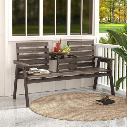 Fir Wood Patio Park Bench Slatted Seat with Foldable Middle Table for 2-3 Person