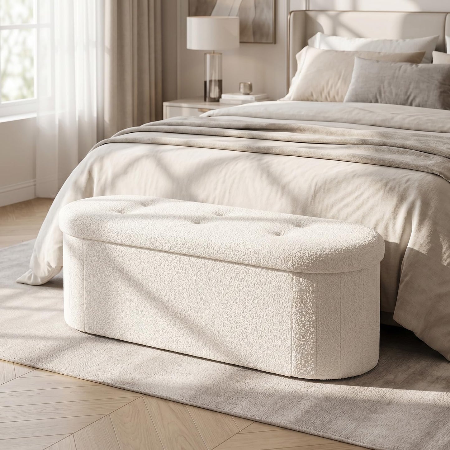 Oval Storage Ottoman Bench, Boucle Folding Footstool