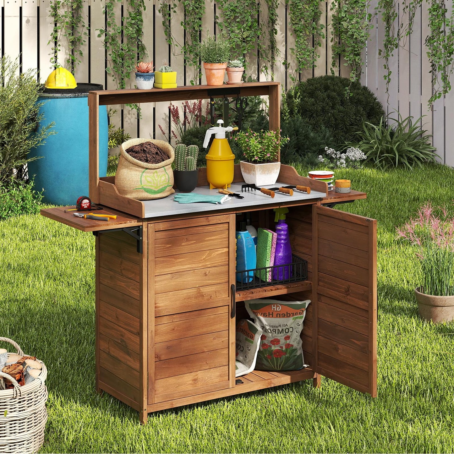 Garden Potting Table, Wooden Potting Bench with Metal-Plated Tabletop