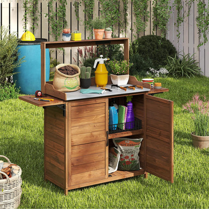 Garden Potting Table, Wooden Potting Bench with Metal-Plated Tabletop